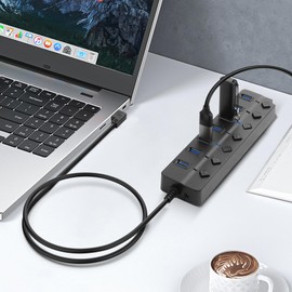 90 Degree USB Hub Splitter YACSEJAO USB 2.0 Data Hub with Individual LED Button On/Off Switch DC5.5 * 2.1 Power Port for Laptop,PC Computer (7 Ports, 1M)