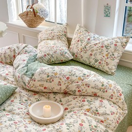 Covebett Bed Linen, 135 x 200 cm, Cotton Green and Beige, Flowers/Plants Pattern 2-Piece Bedding Set, Aesthetic, Vintage, Girls’ Duvet Cover and Pillowcase, 80 x 80 cm, with Zip