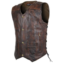 High Mileage Men's Distressed Vintage Brown Premium Cowhide Ten Pocket Leather Motorcycle Vest (Large, Vintage Brown)