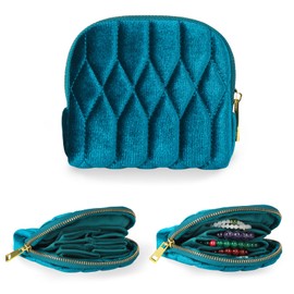Vidifina Small Travel Jewelry Case, Mini Travel Jewelry Bag with Zipper, 5-Layer Velvet Organizer Pouch for Bracelet Rings Earrings - Diamond Stitched Velvet Teal Blue