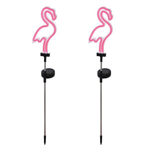 Solar Pink Flamingo Yard Ornaments w/Stakes, Solar Landscape Lights Outdoor Waterproof Neon Strip for Garden Pathway Patio Lawn Flowerbed Beach Party Wedding, 30" Tall (2 Pack)