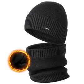 Wmcaps Winter Fleece Lined Hat and Neck Warmer Set for Men Women, Thick Soft Cosy Knitted Hats Scarf Set, Elastic Cuffed Plain Winter Hat Outdoor Activities Gift, darkgray