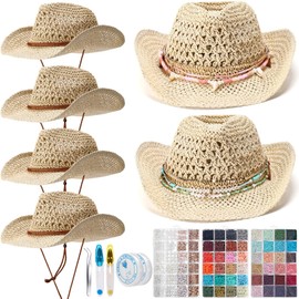 Hercicy 6 Set Coastal Cowgirl Hat Craft DIY with Beaded Making Kit Make Your Own Beach Straw Hat for Women Bachelorette Party(Beige)