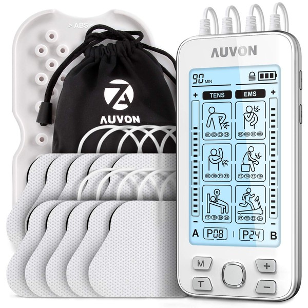 AUVON 4 Canaux Appareil d'électrostimulation EMS/TENS pour le soulagement de la douleur, avec 24 modes de electrostimulateur musculaire, 10 pièces d'électrodes brevetées de haute qualité de 2"x2"