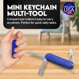 Holden USA Mini Keychain Pocket Multi Tool 5-in-1, Blue + Black Folding Blade with Scissors, File, Tweezers, Toothpick & Key Ring, Compact 2.3”, 0.7 oz