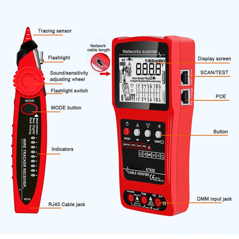 Network Cable Tester Tracer Kit Multifunctional CAT5 CAT6 Ethernet Wire