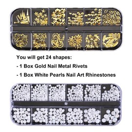 2 Boxes Nail Art Rhinestones Kit, 3D Gold Nail Charms Kit, 12 Styles Small Size Metal Moon Star Leaf Starfish, 12 Sizes Pearls for Nails, Nail Jewelry and Rhinestones for Acrylic Nails, Nails Supplies