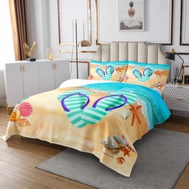 3 Piece Stripes Flip Flop Quilt Bedding Set Women Aldult Lightweight Bedding Starfish Shell Bedspread Set Summer Cool Bedspread Coverlet Soft Microfiber Home Quilt Set for King Bed All Season
