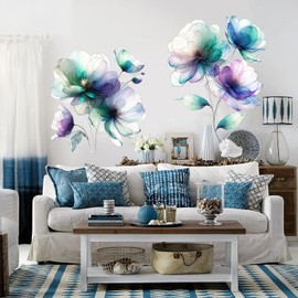 Boho Flower Wall Stickers Wildflower Floral Grass Peel and Stick Wall Stickers Living Room Bedroom Nursery Wall Decor (Blue)