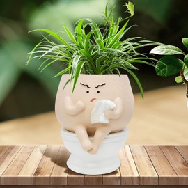 Toparad Face Self Watering Planter Pots Funny Toilet Plant Pot for Indoor Plants, Resin Face Head Flower Pots Quirky Succulent Planters with Drainage Hole, Gift Ideal for Home, Office, Christmas