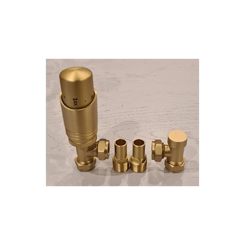 Team Controls Brushed Brass Angled Thermostatic Radiator Valves & Lockshield
