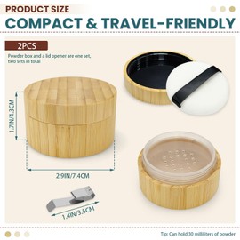 Modixun 2 Pack Bamboo Loose Powder Container with Puff, 30ml Empty Dusting Powder Container Body Face Makeup Jar Case with Sifter and Screw Lid for Daily & Travel