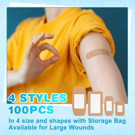100 Pcs Flexible Fabric Adhesive Pads Bandages Variety Pack – 4 Sizes Extra Large Bandaids for First Aid and Wound Care, Minor Cuts & Scrapes Protection, Cushion Painful Wounds (100 Pcs, Large)