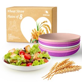 SINOGE Deep Dinner Plates Set of 8, Wheat Straw Plates 9 Inch, Dishwasher Microwave Safe Dinner Plates, Unbreakable Lightweight Kids Plates Colorful Plate for Kitchen, Outdoors, Party- Floral Feast
