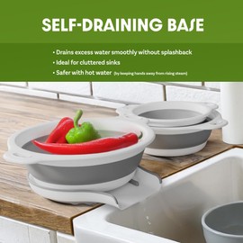 Gevoli Collapsible Colanders (3 Pack Set) Food Strainers with Over-Sink Water Draining Base for Pasta Fruits and Vegetables, White (3 Sizes, 3QT, 4QT and 5 Quart)