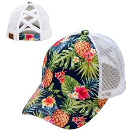 Funky Junque Women's Distressed Ponytail Trucker Hat with Ponytail Hole Messy Bun Ball Cap for High Bun Hairstyles - Tropical (White)