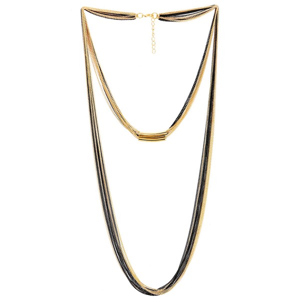 COOLSTEELANDBEYOND Gold Black Statement Necklaces, Multi-Layers, Long Chain with Tube