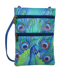 Anuschka Women's Leather Hand Painted Double Zip Travel Crossbody Bag, Jeweled Plume
