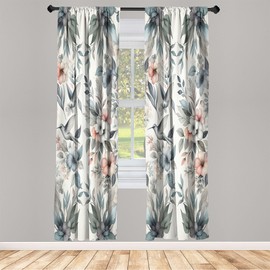 Ambesonne Birds and Nature Curtains, Muted Tone Leafy Floral Huddles with Hummingbirds Urban Jungle, Window Treatments 2 Panel Set for Living Room Bedroom, Pair of - 28" x 95", Blue Grey Dried Rose