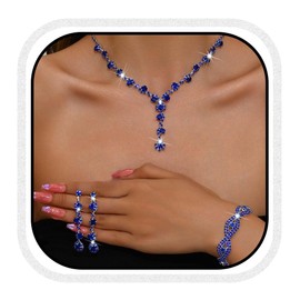 Reaky Bridal Jewelry Set Rhinestone Necklace Silver Crystal Jewelry Sets 3 Pcs Bride Wedding Accessories for Women (Blue)