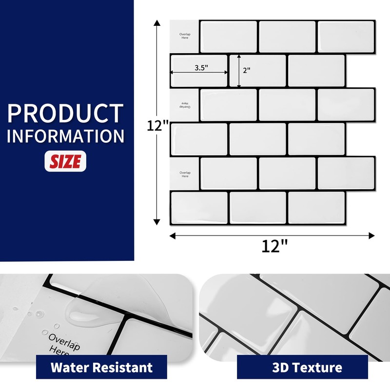 Art3dwallpanels 10-Sheet Peel and Stick Backsplash for Kitchen, 12''X12'' Peel
