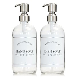 Artanis Home Clear Refillable Hand and Dish Soap Dispenser Set with Pumps for Kitchen Sink - Glass Boston Round Soap Bottles - Waterproof Labels - 16 oz - 2 Pack