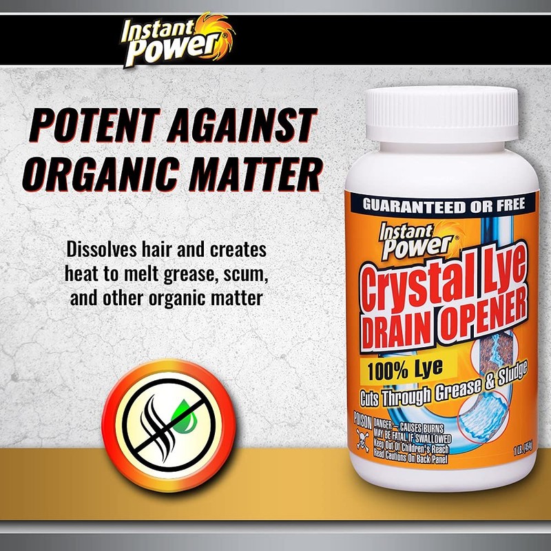 Instant Power Crystal Lye Drain Opener, Lye Sodium Hydroxide, Unclogs