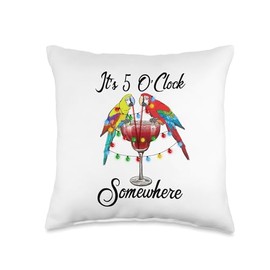 Hawaiian Parrots Drinking Margarita It's 5 O'clock Somewhere Throw Pillow