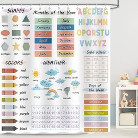 JAZEAOI Kids Educational Shower Curtain for Bathroom, Watercolor Alphabet Cartoon Pastel Numbers Shapes Colors Weather Knowledge Nursery Home Decor, Polyester Fabric Bath Curtain with Hooks 72x72 Inch