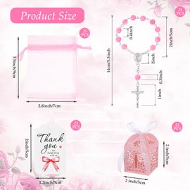 Yuxung 100 Pcs Baptism Favors Set Includes 25 Pcs Mini Rosary 25 Pcs Cross Boxes 25 Pcs White Organza Bags 25 Pcs Thank You Tags for Baby Shower Supplies Guest Return Gifts for Wedding, Pink