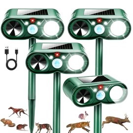 4Pack Upgraded Deer Repellent Devices Solar Ultrasonic Animal Repellent Outdoor with Motion Sensor Strobe Light for Squirrel Raccoon Rabbit Cat Deterrent Sonic Fortress Pro Keep Pests Out of Yard Farm