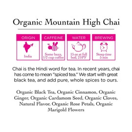 Two Leaves and a Bud Organic Mountain High Chai Tea Bags, Whole Leaf Black Tea and Spices in Sachets, 15 Count (Pack of 6)
