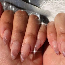 IQXGE Medium Almond Press on Nails French Full Cover False Fake Nails Press ons Cat Eye Stick on Nail Gradient Pink Glitter Acrylic Fake Nail Shiny Artificial 24Pcs Reusable for Women