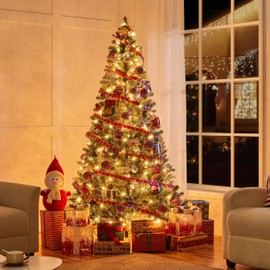 Yaheetech 6ft Pre-lit Christmas Tree, Snow Flocked Artificial Christmas Tree with 64 Snow Pinecones & 920 PVC Branch Tips & 250 Warm White Lights, White & Green