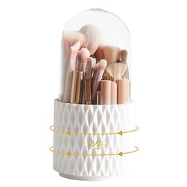 Lemical Makeup Brush Holder 360°Rotating Makeup Brush Organizer 5 Slots Make up Brushes Cup with Clear Lid Vanity Organizer Cosmetics Lipstick Storage Desktop Organizer for Bedroom Bathroom Countertop