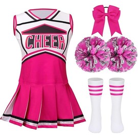 Children's Classic ROSE RED Cheerleading Uniform - 5-Piece Set with Pom Poms, Top, Skirt, Socks, and Headband