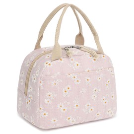 SNDEC Lunch Box for Women, Cute Insulated Lunch Bag for Girls Aesthetic, Vintage Reusable Thermal Lunch Tote Bag for Work, Lunchbox Cooler Bento Bag, School/Picnic/Travel (Daisy Pink)