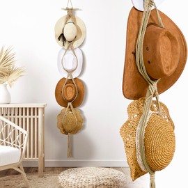 Yulejo Macrame Hat Hangers Boho for Wall Bohemian Women Rack Organizer for Wall Hanging Display Weaving Decorative Cap Holder for Wide Brim Cap (Beige, Four Hats Style) (Yulejo-Hat Hangers-67)