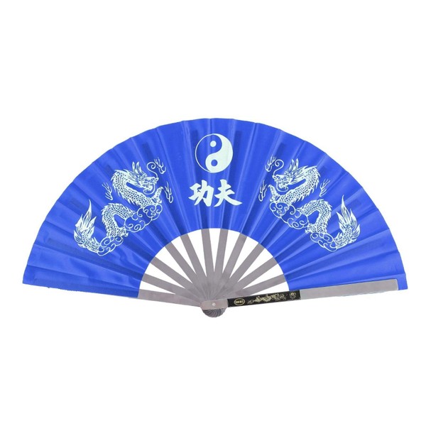 Practice Training Performance Tai Chi Fan, Double Dragon Hand Fan Stainless Steel Kung Fu Fan Hand Held Folding Chinese Embroidery Martial Arts Fan For Dance Fighting Festival Wall Decorations (blue)