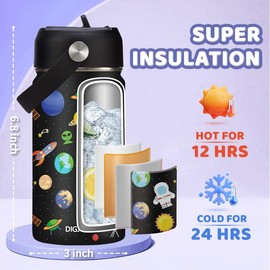 12 oz Kids Insulated Water-Bottle w/Straw - Cold-24h Hot-12h, Toddler Water Bottle Spill-proof & BPA-free, Stainless Steel Water Bottles Kids, Space Insulated Cup for School Camping Boys Girls Gift