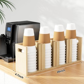 Sawjut Wood Cup Lid Organizer 4 Compartments with Adjustable Dividers for Counter Wall Mount Disposable Cup and Lid Storage Kitchen Restaurants Fast Food Coffee Shop Supplies (20”W x 7”H x 4.7”D)