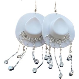 Cowboy Hat Earrings for Women Trendy Cowgirl Hat Rhinestone Tassel Earrings Country Concert Accessories Outfits Jewelry (White, One size)