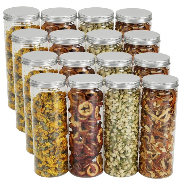 Tebery 16 Pack Plastic Spice Jars Bottles Containers with Lids 17oz Clear Straight Cylinders Plastic Canisters for Food & Home Storage