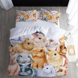XPINGO Children's Bed Linen Rabbit 135 x 200 cm 2-Piece Boys and Girls 100% Microfibre Summer Soft Winter Warm Duvet Covers 3D Animals Watercolour Duvet Cover with Pillowcases 80 x 80 cm