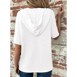 Dokotoo Hoodies for Women Oversized Waffle Knit Drawstring Button V Neck Short Sleeve Shirts Casual Lightweight Pullover Sweatshirt Blouse Tops Comfy Fall Fashion Outfits Clothes 2024 White Large