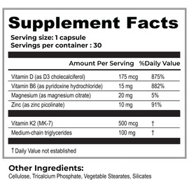 smart HEALTH - Vitamin D3 + K2 - Bone Health & Immune Support - 7000 IU(175 MCG)D3 + 500 MCG K2 - Cofactors B6, Magnesium & Zinc - Gluten Free, Vegan, Non-GMO - Dietary Supplement - 30 Veggie Capsules