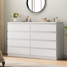 Jocoevol White 8 Drawer Bedroom Dresser, Simply Modern Wood Storage Double Dresser, Chest of Drawers with Deep Drawers for Living Room Hallway Entryway, White