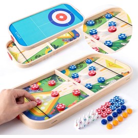 3-in-1 Wooden Tabletop Board Game Set - Portable Fast Sling Puck, Curling & Mini Bowling Game; Montessori Educational Indoor Toy; Screen-Free Family Game Night Decor for Kids & Adults Ages 3+