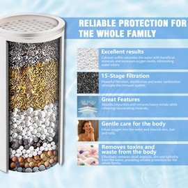 Filtered Shower head,8-Inch High Pressure Rainfall Showerhead, 360°Adjustable Swivel,3 Spray Patterns,15 Stage Shower Filter Combo（Chrome）