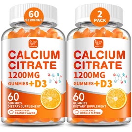 (2 Pack) Calcium Citrate 1200 mg with Vitamin D3 Gummies for Women & Men,Calcium Supplements for Bone & Teeth Support,High Absorption - Easy to Digest, Sugar Free,Vegan,Orange Flavor,60 Day Supply